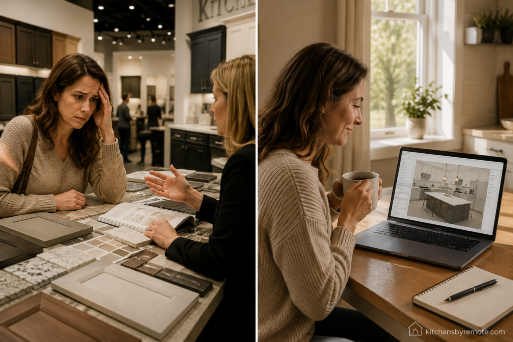 comparison of stressful showroom cabinet shopping versus relaxed remote kitchen design consultation at home