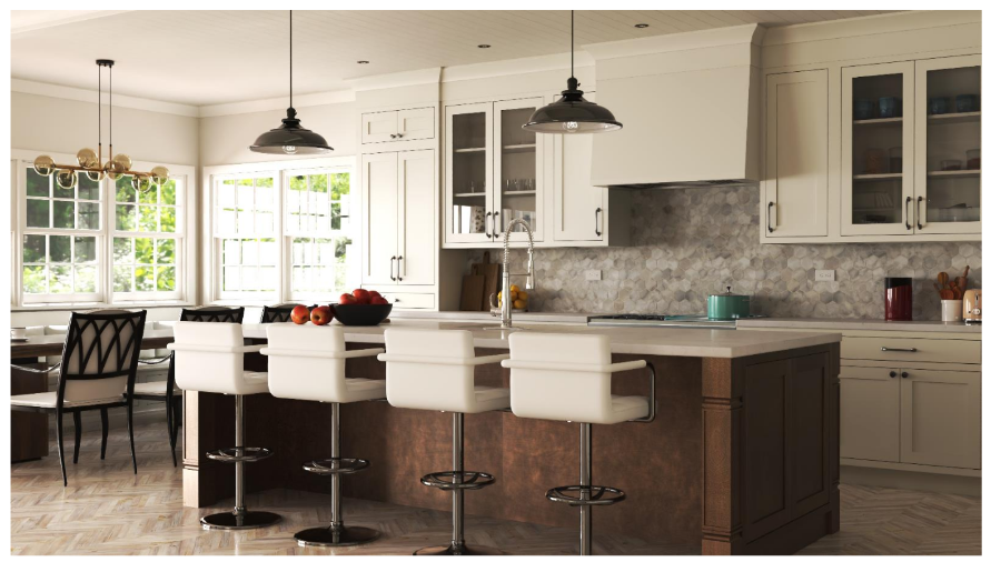Beautiful inset cabinet kitchen with white shaker uppers, glass doors, marble backsplash and large island
