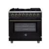 Massimo 36 Inch Dual Fuel Range in Black, Air Fryer Basket, True Convection, Antique Brass Handles
