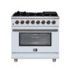 Massimo 36 Inch Dual Fuel Range in White, Air Fryer Basket, True Convection, Antique Brass Handles