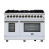 Massimo 48 Inch Dual Fuel Range in White, Air Fryer Basket, True Convection, Antique Brass Handles