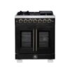 Capriasca 30 Inch French Door Dual Fuel Range in Black with Antique Brass Accessories
