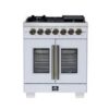 Capriasca 30 Inch French Door Dual Fuel Range in White with Antique Brass Accessories