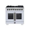Capriasca 36 Inch French Door Dual Fuel Range in White with Antique Brass Accessories