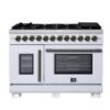 Capriasca 48 Inch French Door Dual Fuel Range in White with Antique Brass Accessories