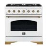 Forno Antico 36-inch Dual Fuel Range White and Antique Brass Design with 6 Sealed Gas Burners and Electric Convection Oven