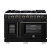 Capriasca 48-inch French Door Gas Range Black, 8 Brass Burners, 6.58 cu.ft. Double Ovens