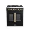 Forno Galiano 30-inch French Door Gas Range Black and Antique Brass Design