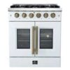 Forno Galiano 30-inch French Door Gas RangeWhite with Antique Brass Design
