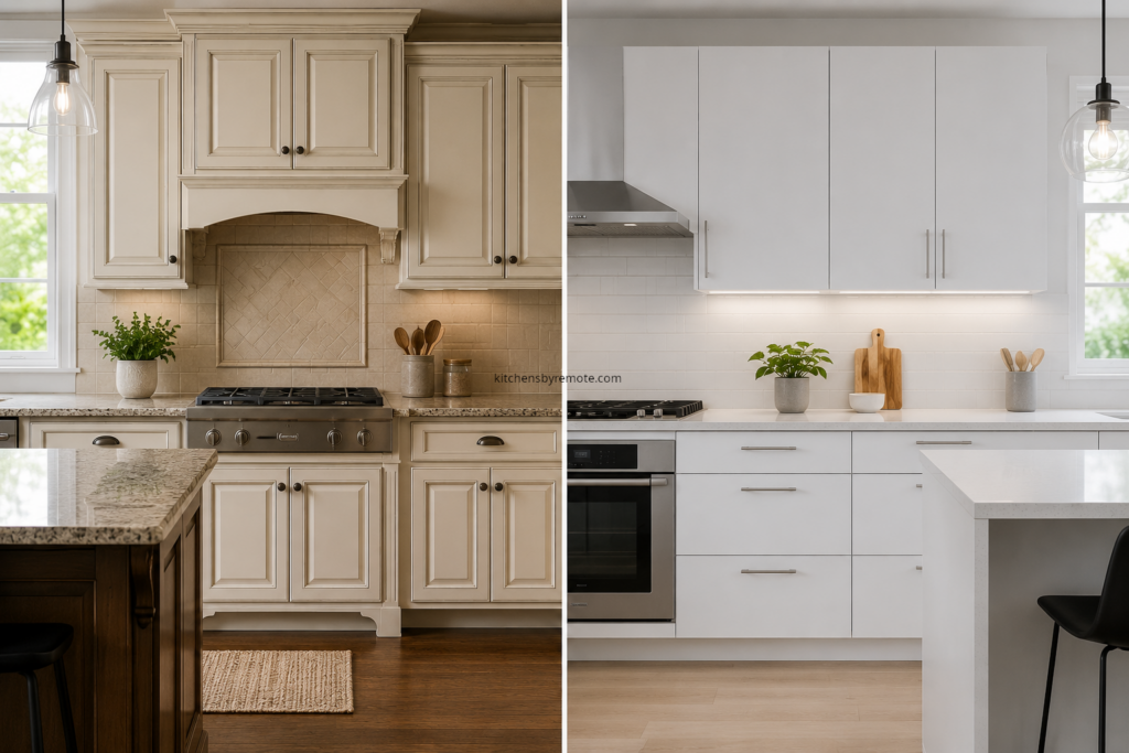 side by side comparison of framed and frameless kitchen cabinet construction