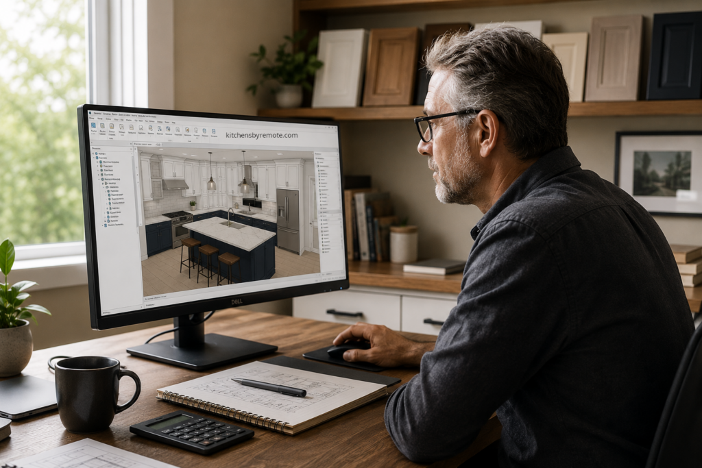 kitchen designer reviewing 3D cabinet layout on computer