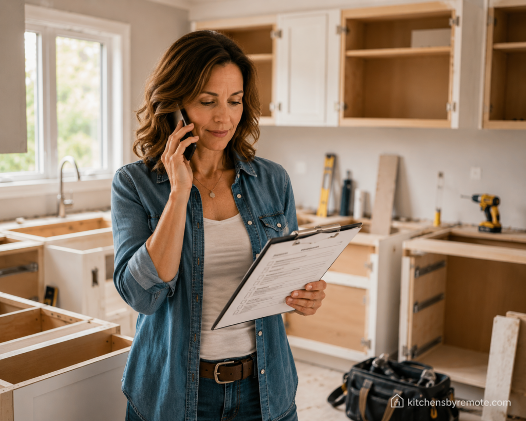 woman reviewing cabinet installer checklist during kitchen renovation