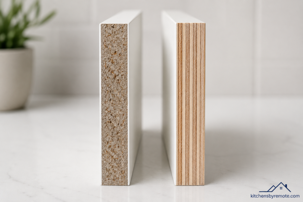 cross section comparison of particleboard versus plywood cabinet box construction showing internal layers