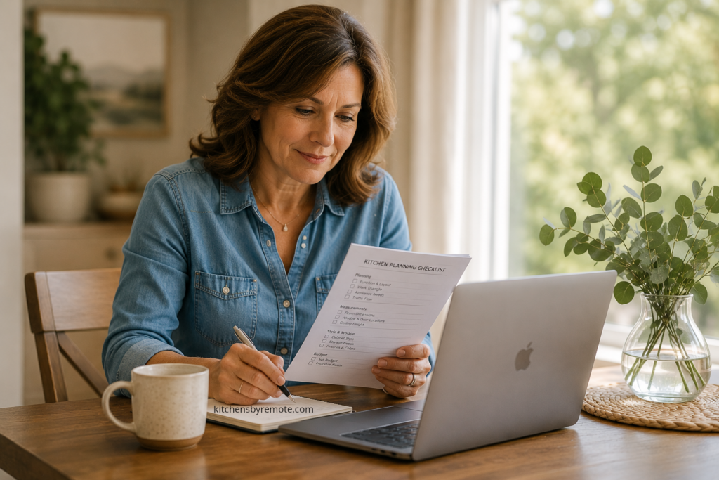 woman researching kitchen cabinets online with checklist before buying
