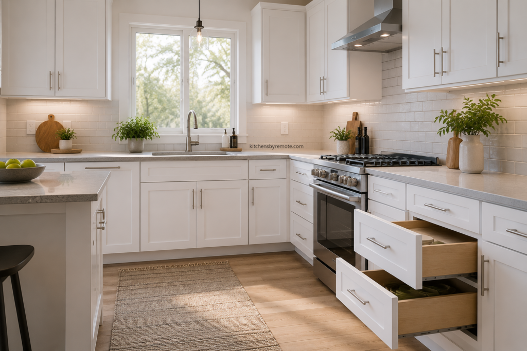 modern white RTA kitchen cabinets fully installed with open drawer showing interior construction