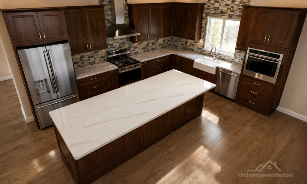 Rustic Alder kitchen cabinets with quartz waterfall island remote kitchen design