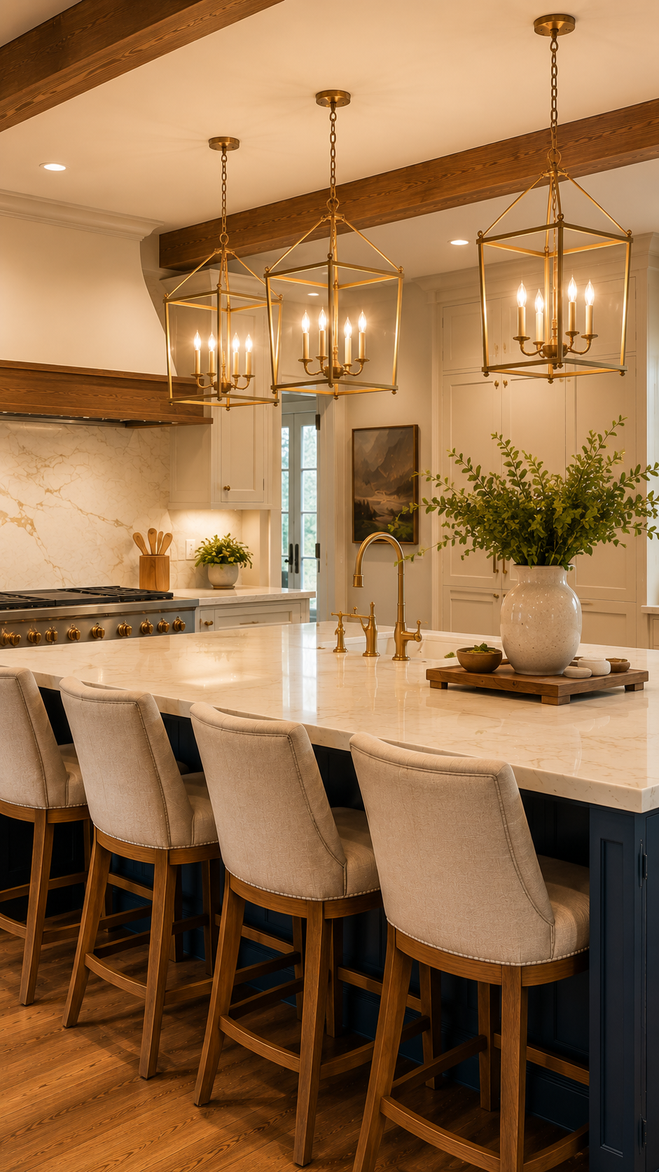 Warm luxury transitional kitchen with navy island, brass lighting, and white cabinetry designed by Kitchens By Remote