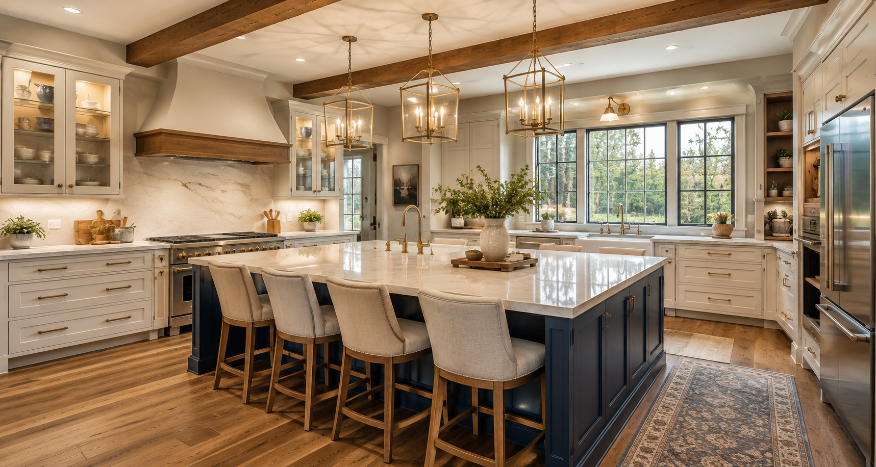 Warm luxury transitional kitchen with navy island, brass lighting, and white cabinetry designed by Kitchens By Remote