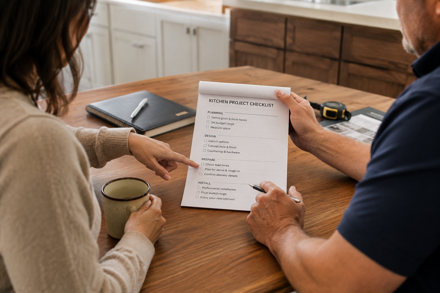 Homeowner and cabinet professional reviewing a checklist of questions before ordering