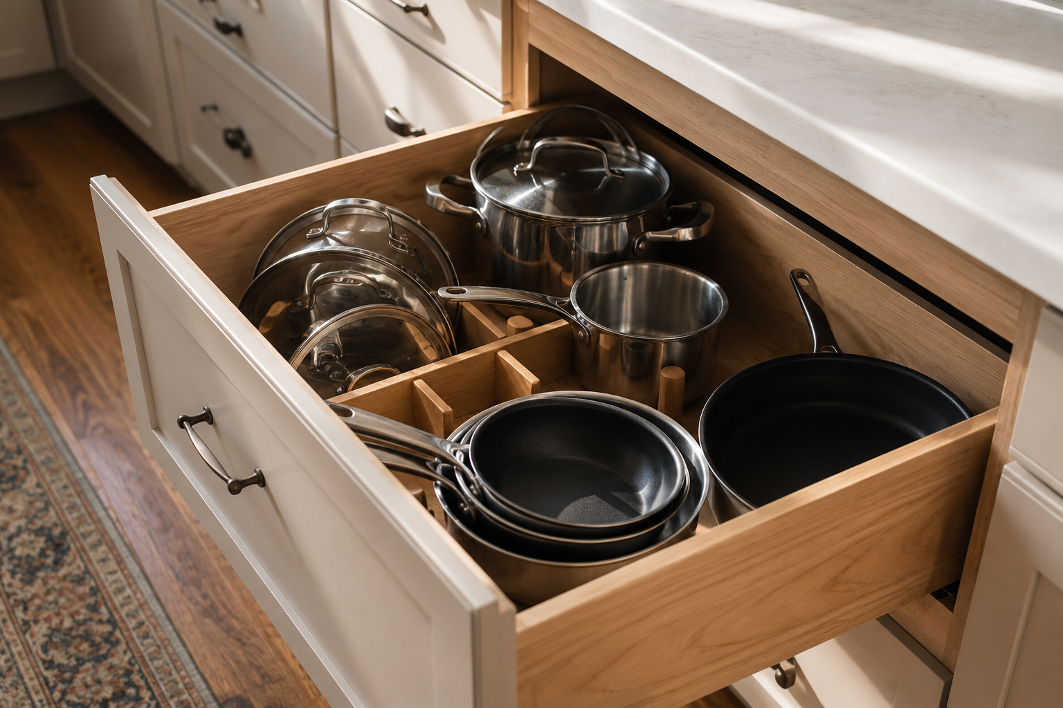 Open deep kitchen drawer showing organized pot and pan storage