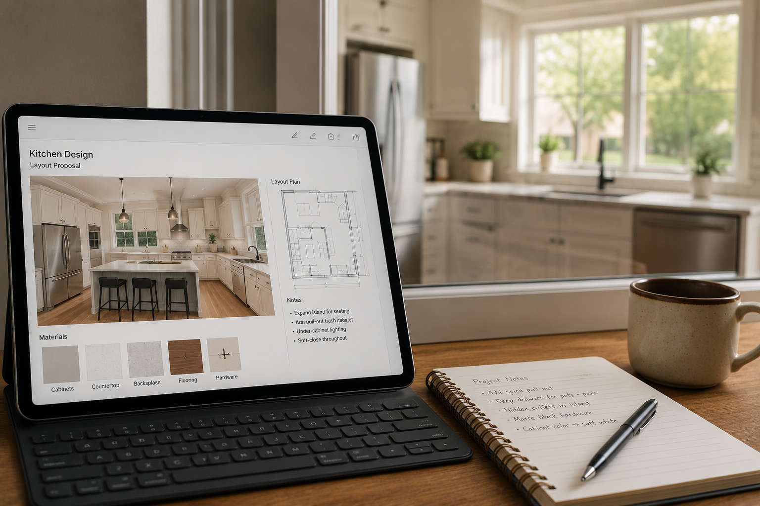 Laptop showing a kitchen design layout representing remote kitchen design collaboration