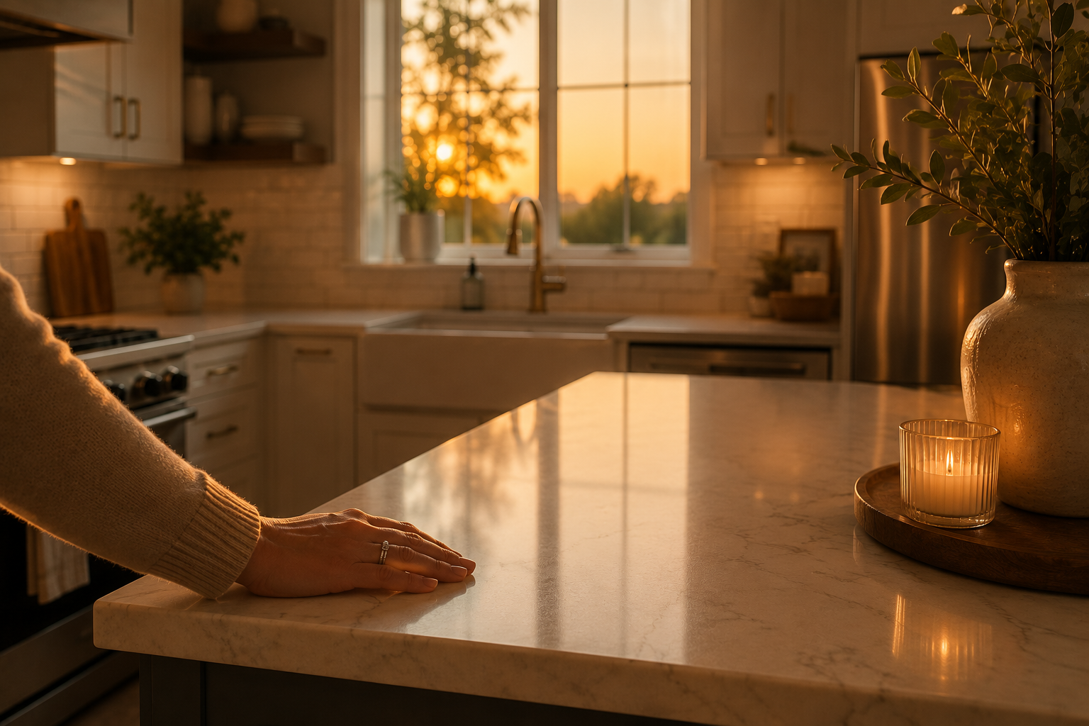 Warm finished kitchen at golden hour representing a completed, personal kitchen renovation