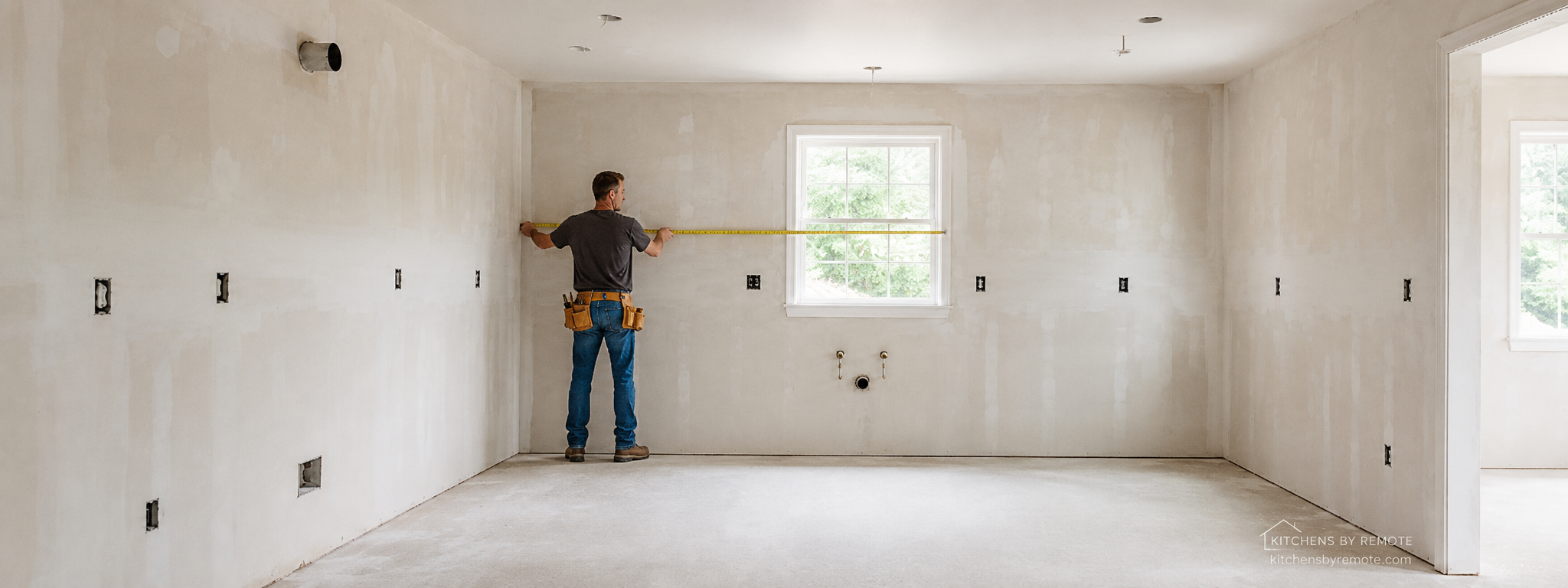 Contractor measuring the full width of a gutted kitchen wall with a tape measure, drywall studs marked for outlets and plumbing rough-in visible