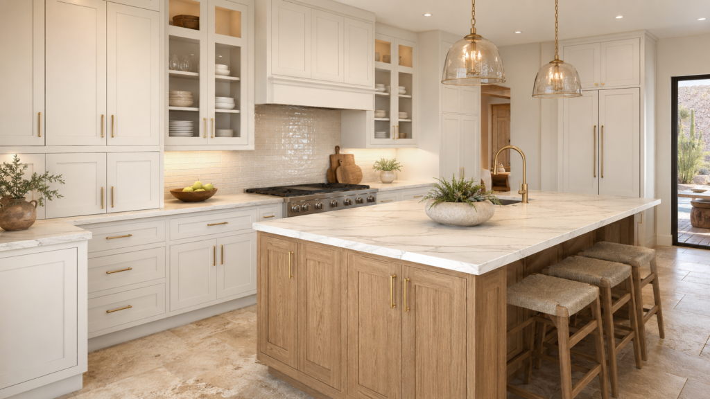 Two-tone kitchen with white perimeter cabinets and natural white oak island